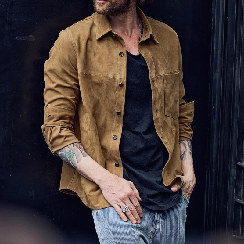2026 European and American Amazon autumn and winter new men's retro long-sleeved shirt lapel button casual loose shirt