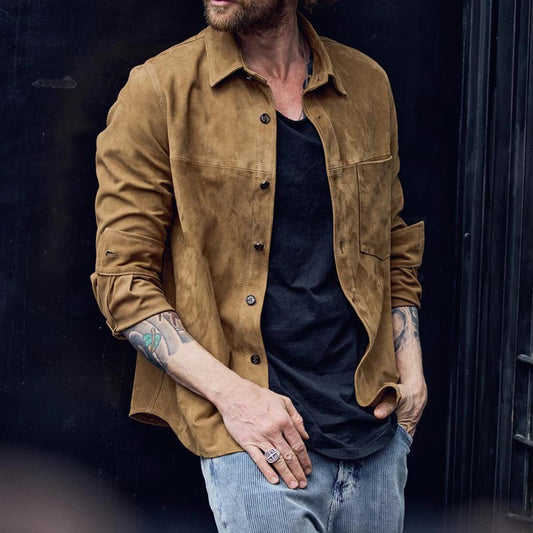 2026 European and American Amazon autumn and winter new men's retro long-sleeved shirt lapel button casual loose shirt