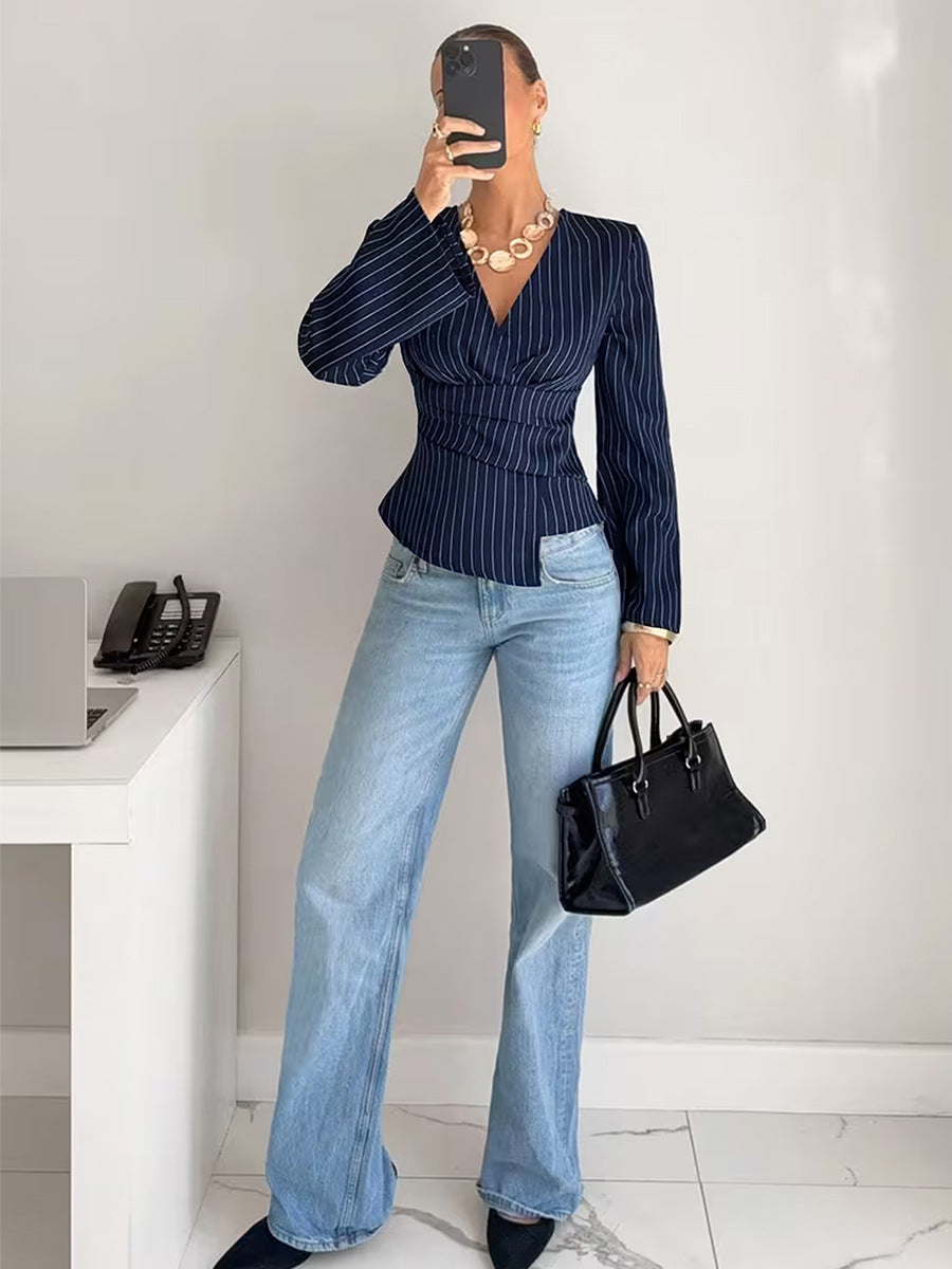 Cross-border European and American women's clothing fashion striped v-neck shirt long sleeve 2026 Amazon foreign trade cinched blouse pullover