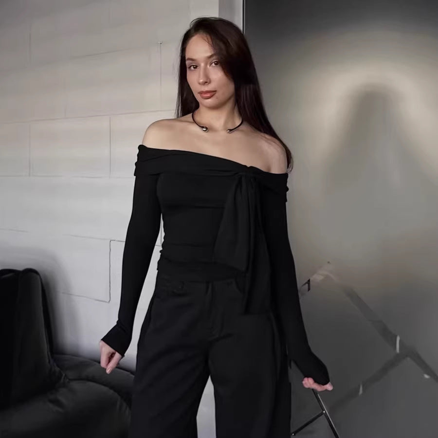 Design off-shoulder knitted bottoming T-shirt for women 2026 spring cross-border commuter long sleeves inner wear bottoming shirt women's clothing