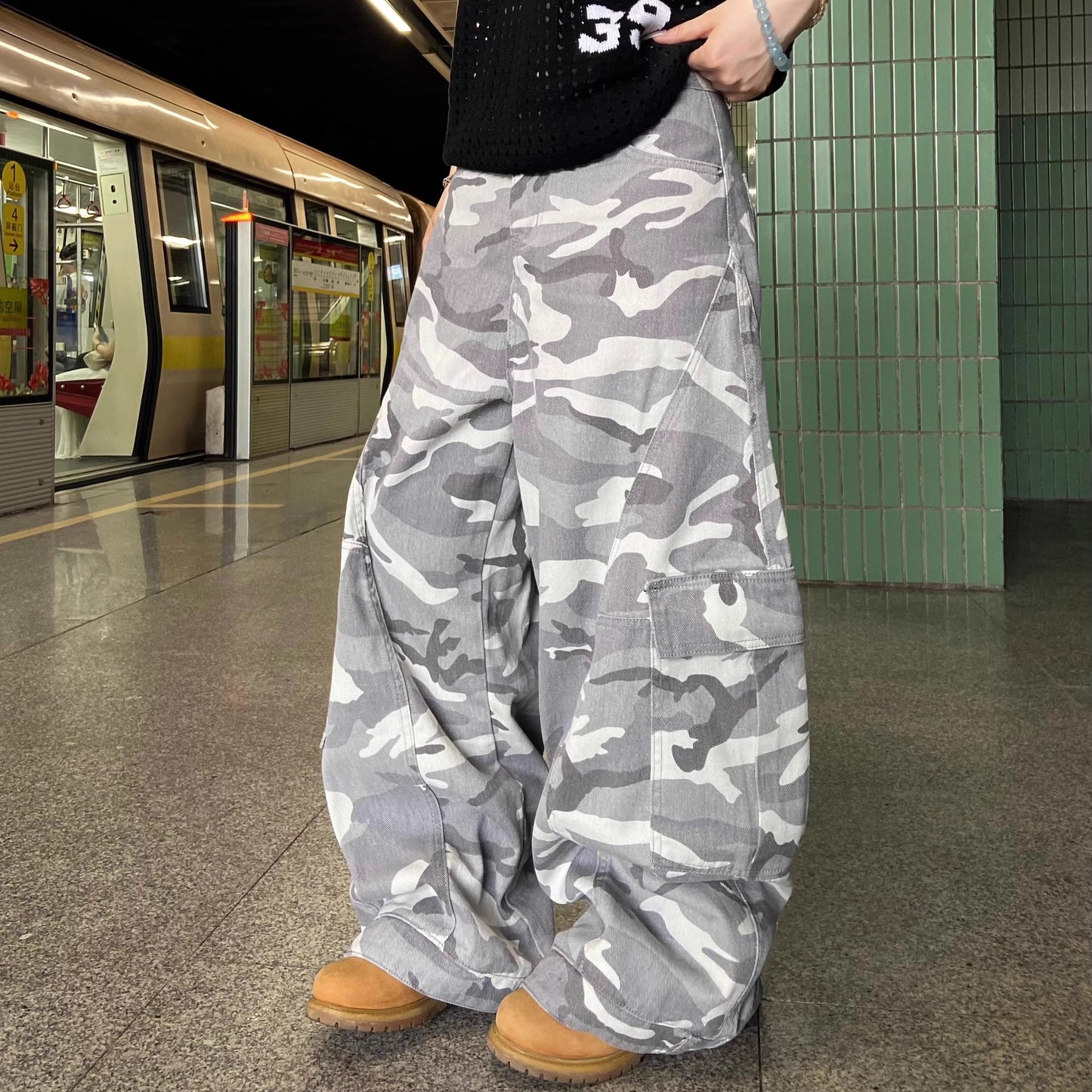 High street camouflage washed wide-leg machete jeans women's summer New loose American style trend straight long pants fashion