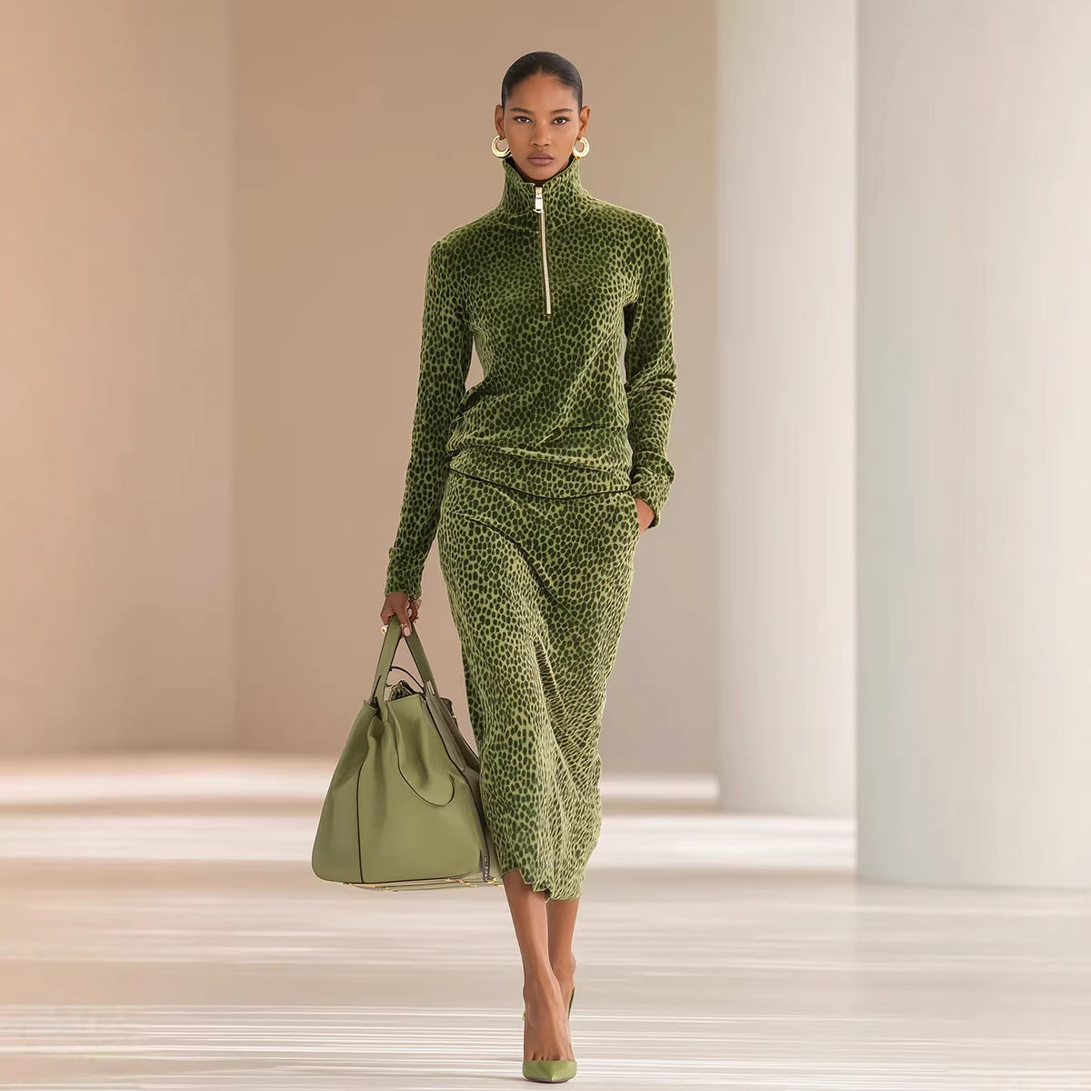 2026 cross-border European and American autumn and winter women's sports style leopard pattern stand-up collar long sleeve shirt and skirt two-piece set