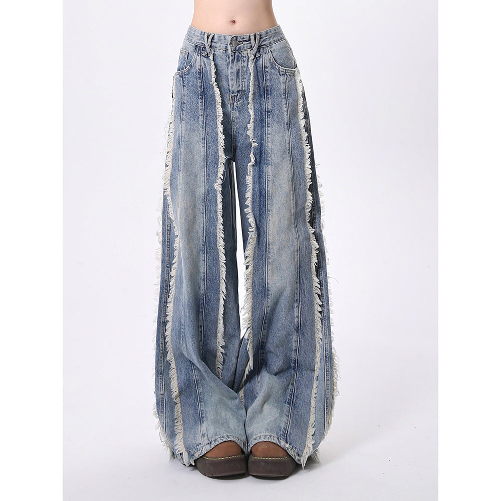 Fashion brand high street jeans Women's Spring and Autumn New frayed stitching design washed distressed straight-leg pants bf long pants