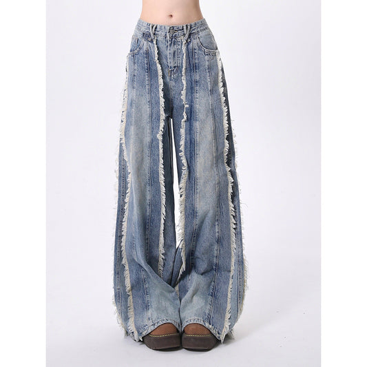 Fashion brand high street jeans Women's Spring and Autumn New frayed stitching design washed distressed straight-leg pants bf long pants