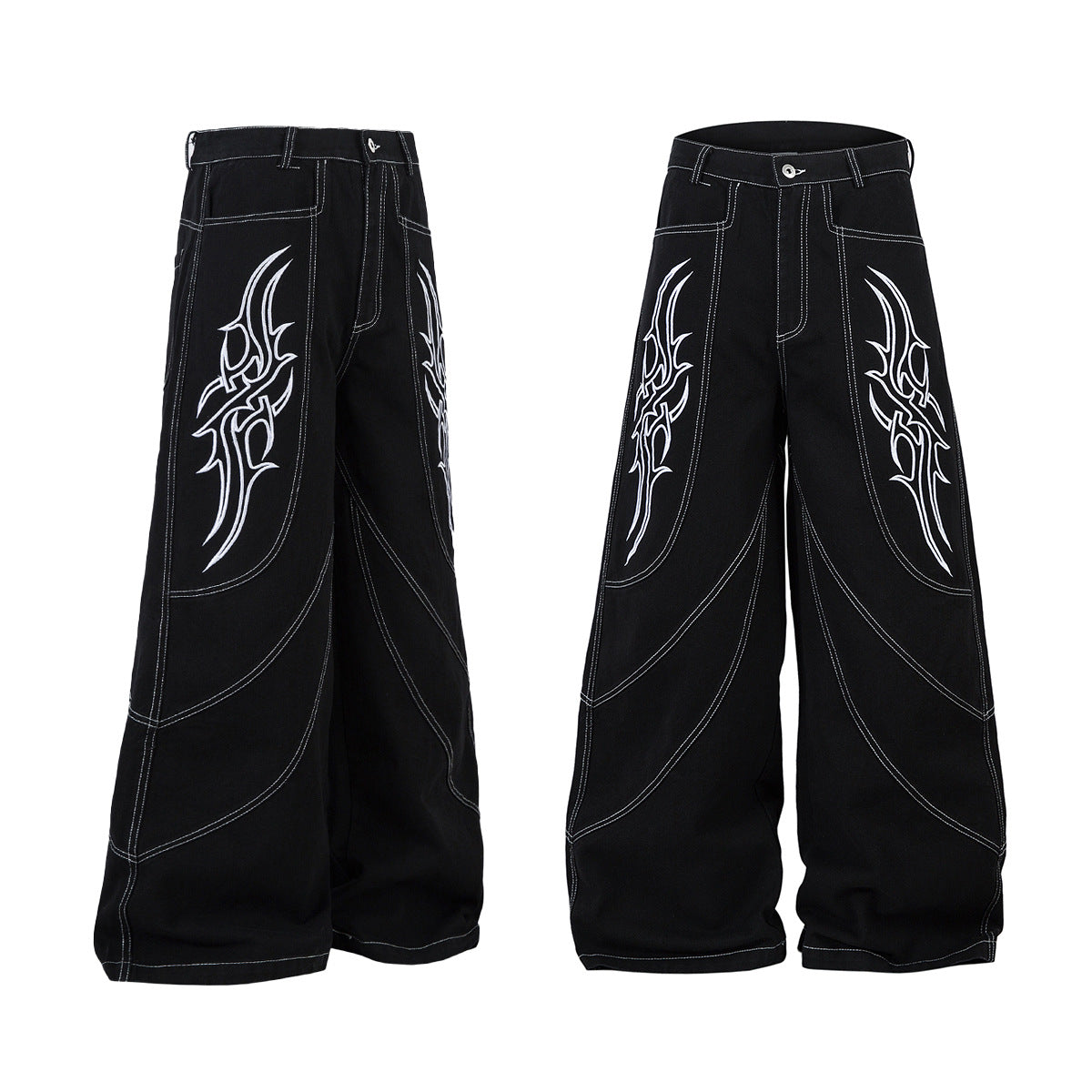 Shop 2026 High Street RO Style Flame Embroidery Jeans at USAve Merchandise. Loose wide-leg washed pants. Free shipping over $50!