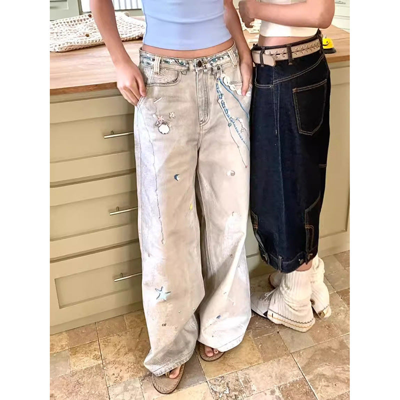 Shop High Street Retro Splash-Ink Worn Jeans at USAve Merchandise. Dirty dyed wide-leg pants for women. Free shipping over $50!