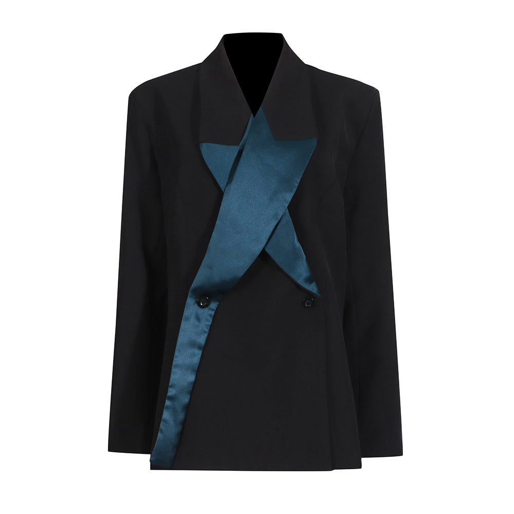 Personalized fashion loose suit women's 2026 spring new polo collar five-pointed star black and white color contrast patchwork suit jacket