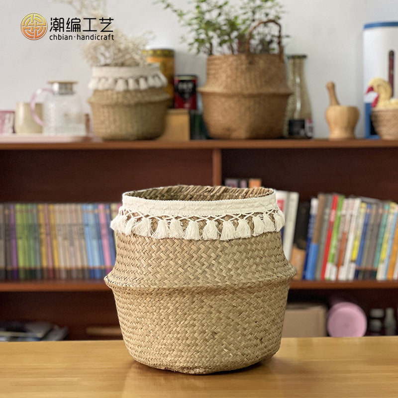 Cross-border new arrival tassel decoration Nordic style woven sea grass basket creative home sundries storage + straw baskets