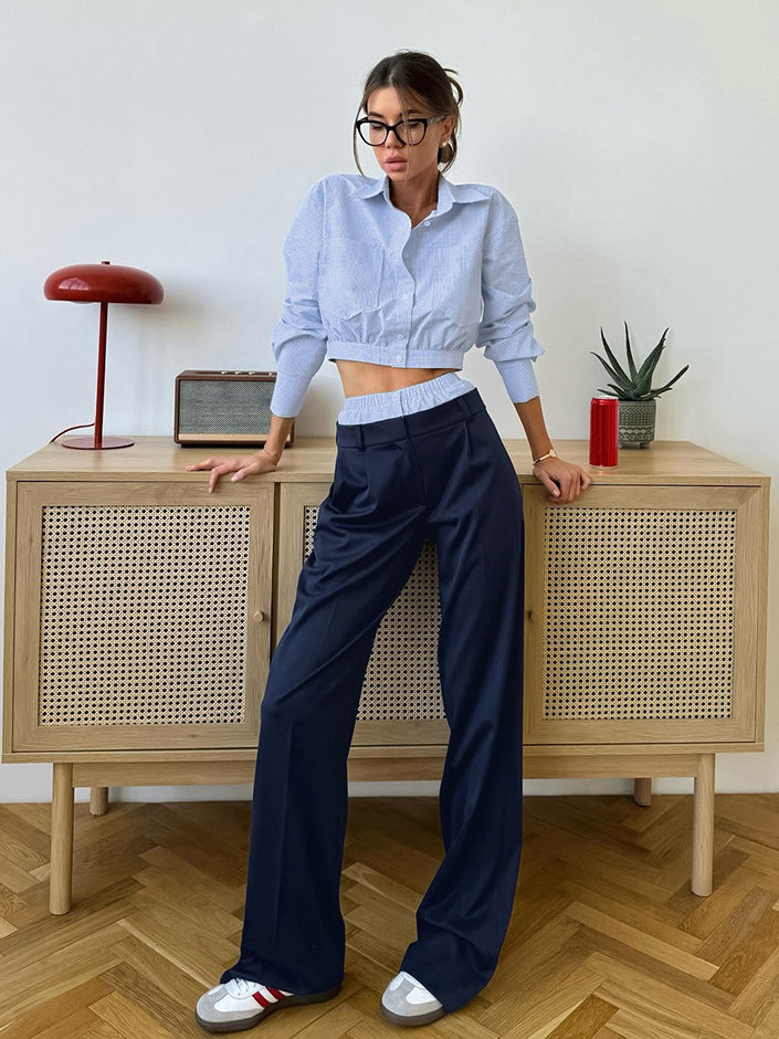 American design blue plaid suit women's 2026 spring cross-border short shirt navy blue suit pants two-piece set