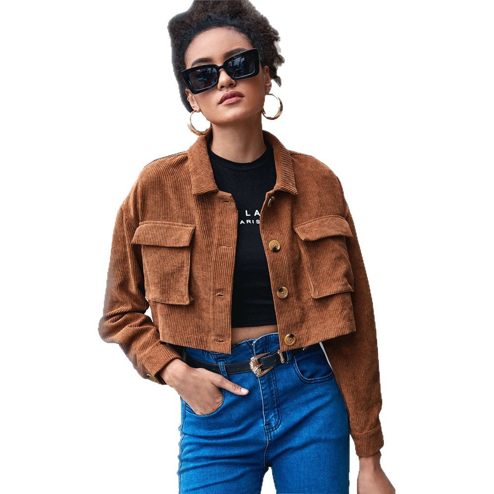 2026 autumn and winter cross-border European and American women's clothing casual single-breasted bellows pocket lapel corduroy long-sleeved jacket jacket