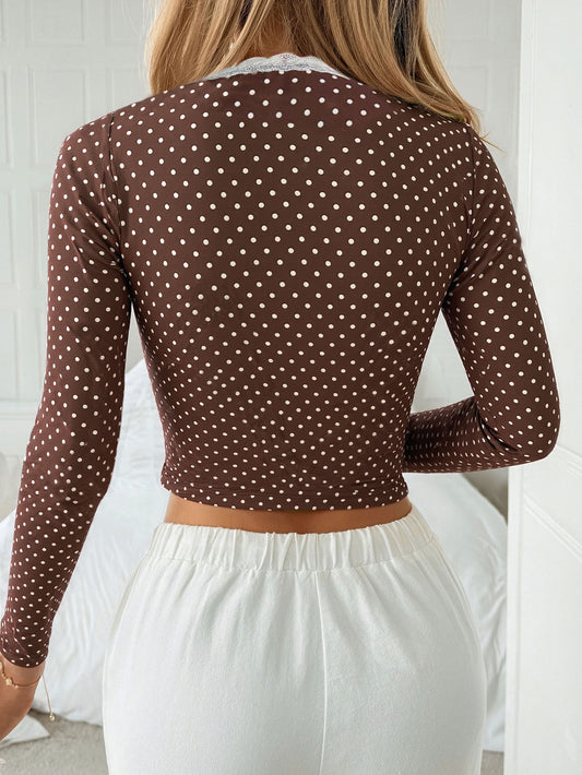 Cross-border foreign trade sweet lace polka dot autumn and winter slim fit slim and sexy sweet and spicy short top