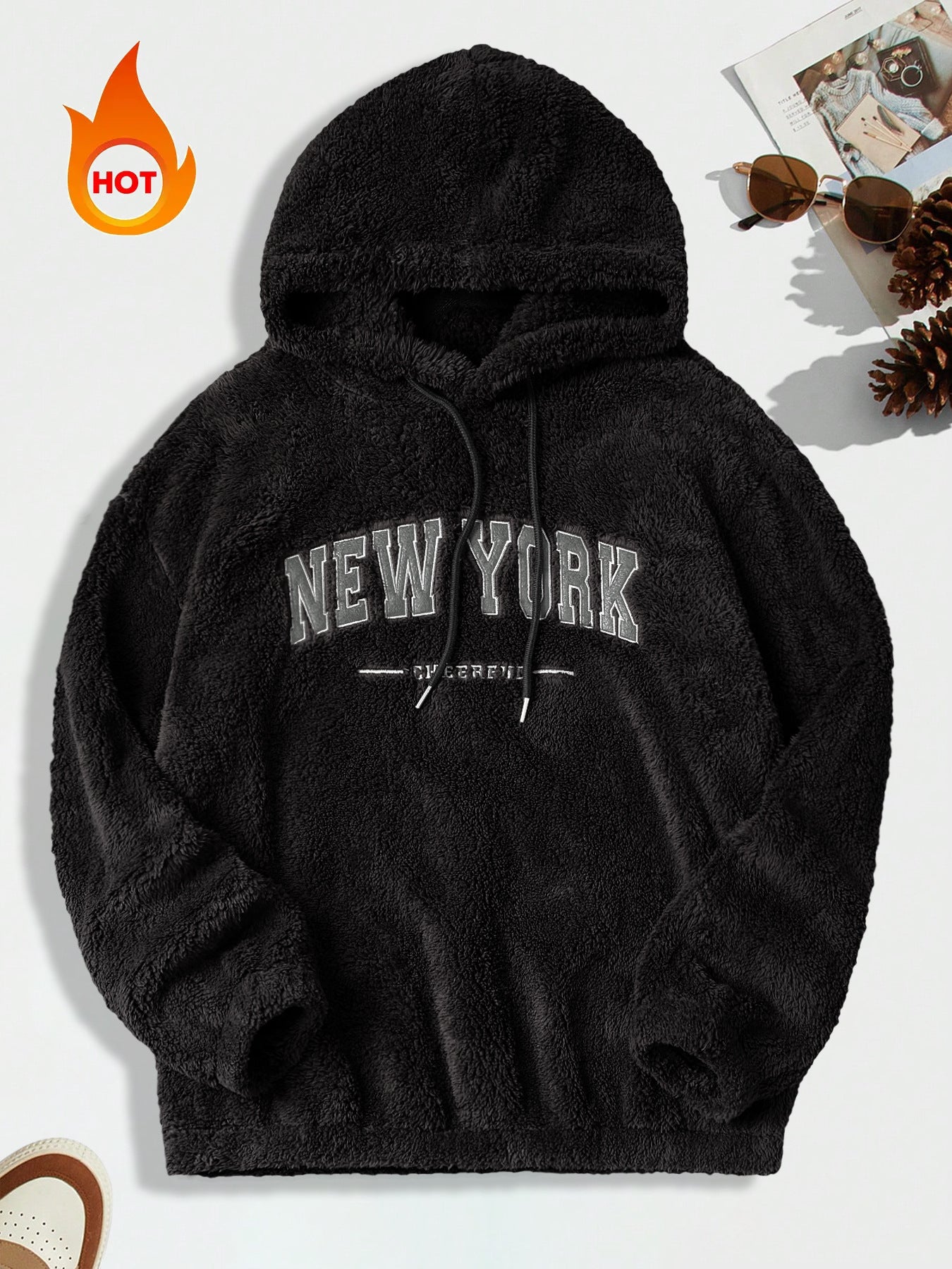 Cross-Border Men's sweater European version temu popular double-sided fluff loose letter embroidery pocket couple hooded coat