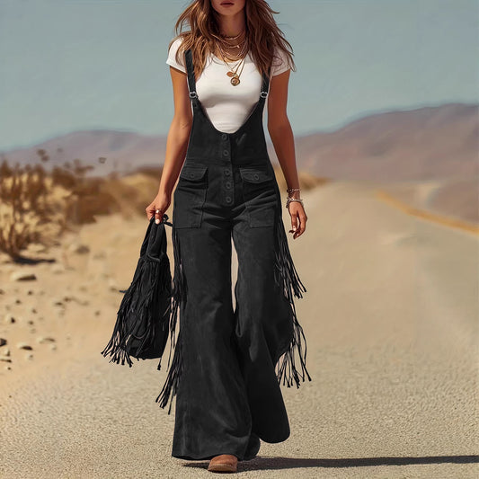 2026 new cross-border European and American hot women's retro Western suede fringed wide-leg suspender trousers