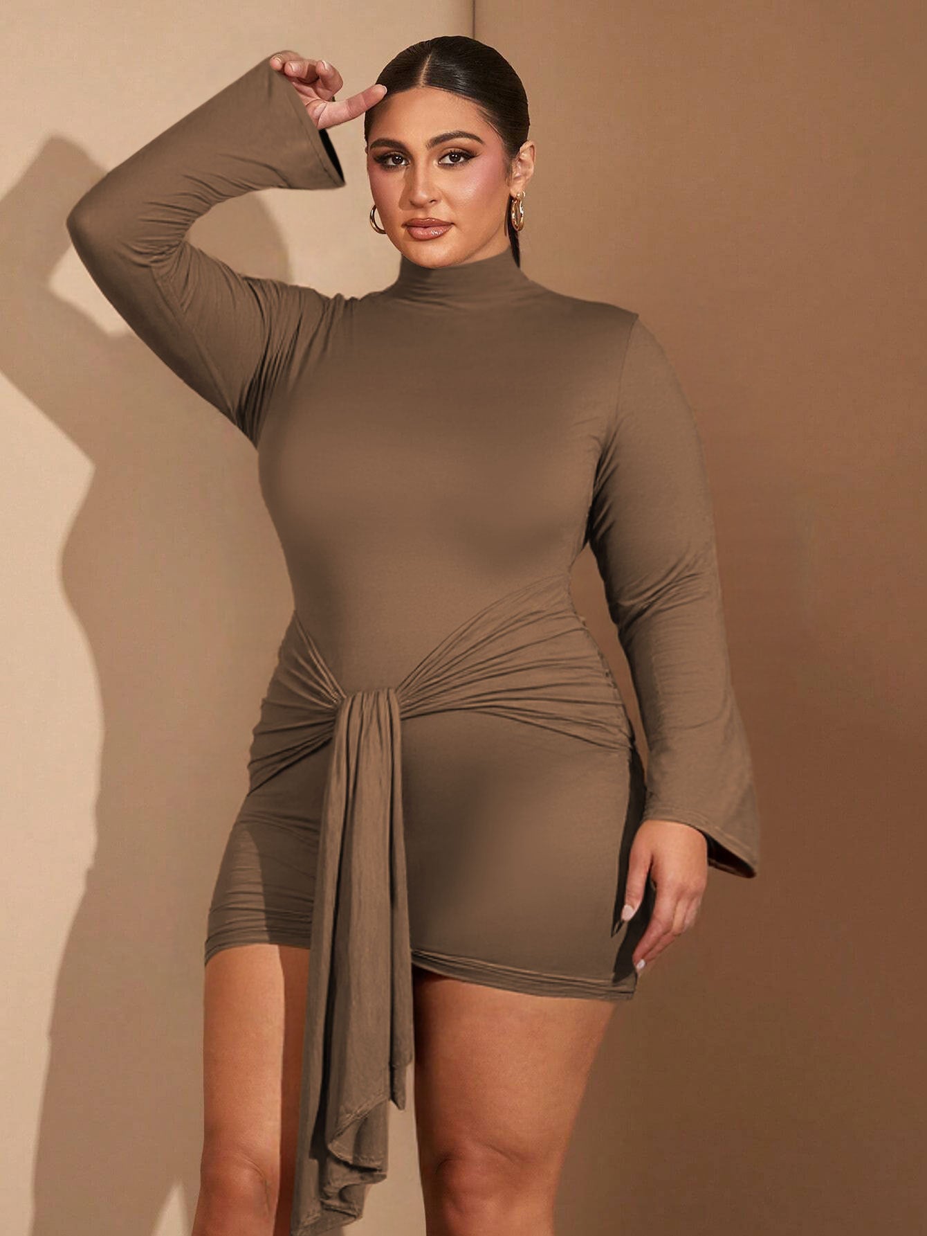 Europe and America cross border Tk2026 popular hot girl fashion slim solid color long sleeve high waist hip-looking dress