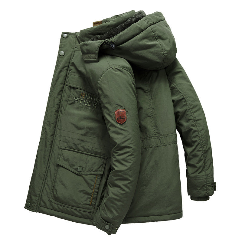 2026 winter men's velvet cotton clothes mid-length hooded cotton-padded coat trendy men's casual men's thickened large size coat