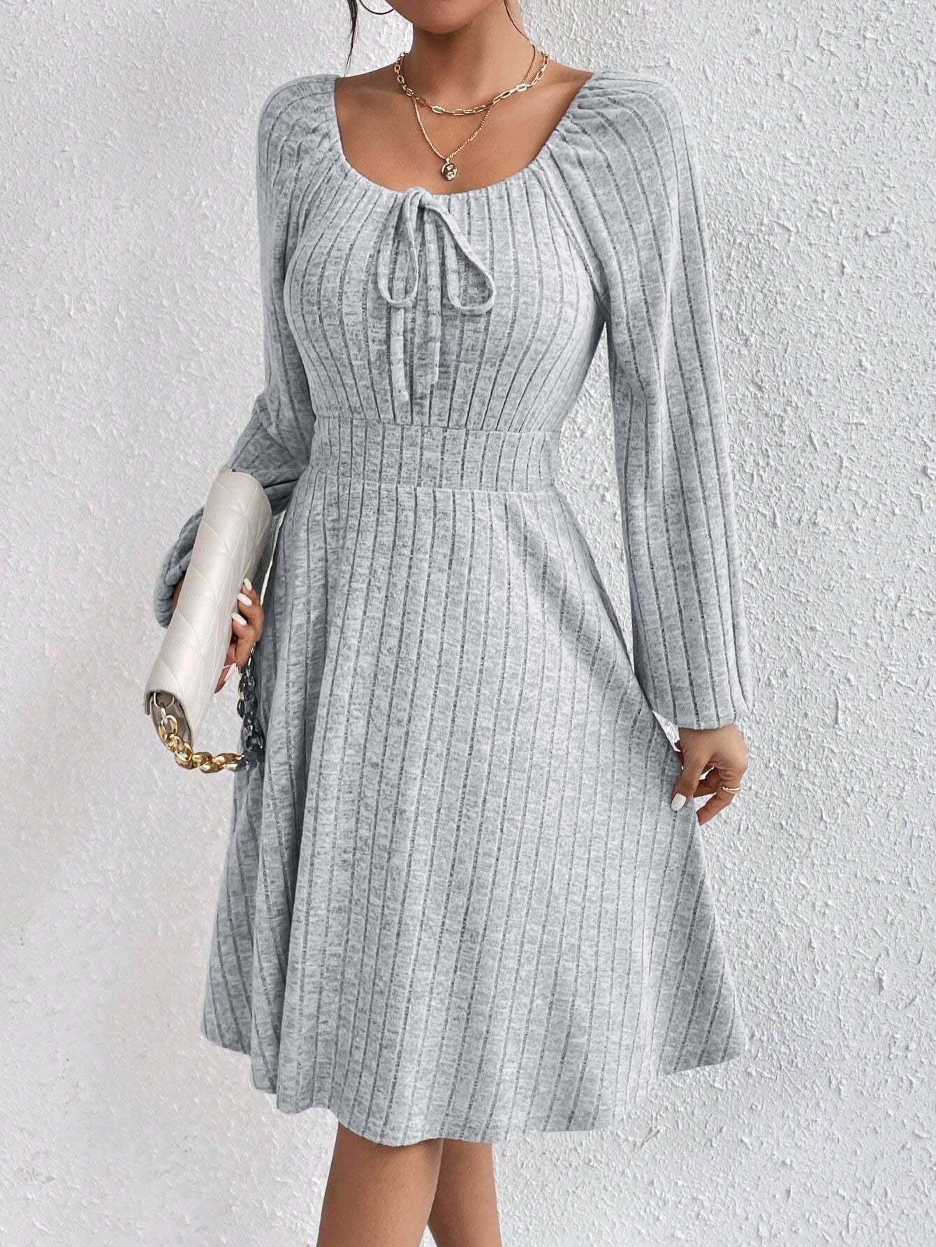 2026 autumn and winter Amazon cross-border women's clothing European and American square-neck cinched large skirt hot sale sunken stripe long sleeve dress