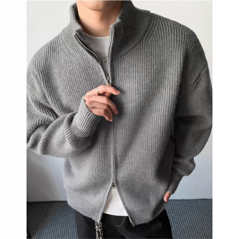 2026 spring and autumn men's cross-border Korean style casual double zip stand collar cardigan sweater jacket sweater men's coat