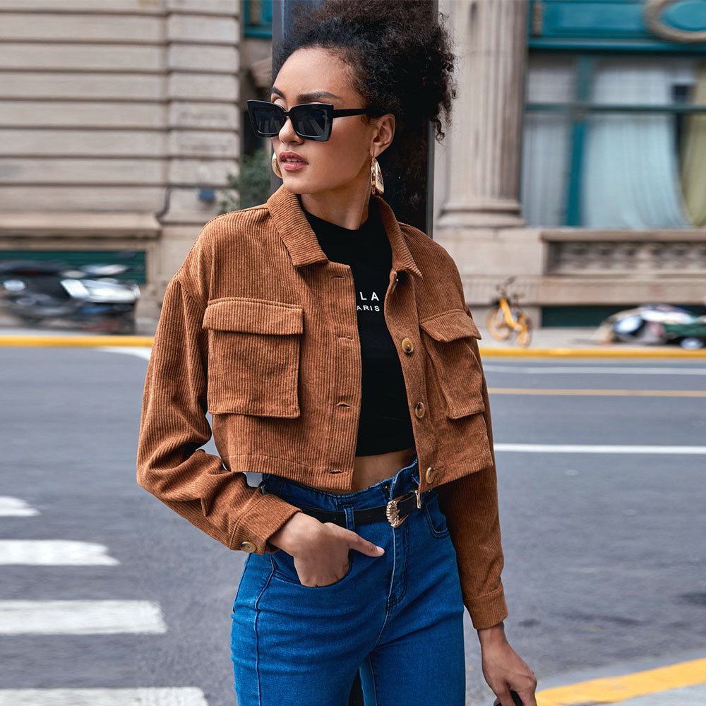 2026 autumn and winter cross-border European and American women's clothing casual single-breasted bellows pocket lapel corduroy long-sleeved jacket jacket