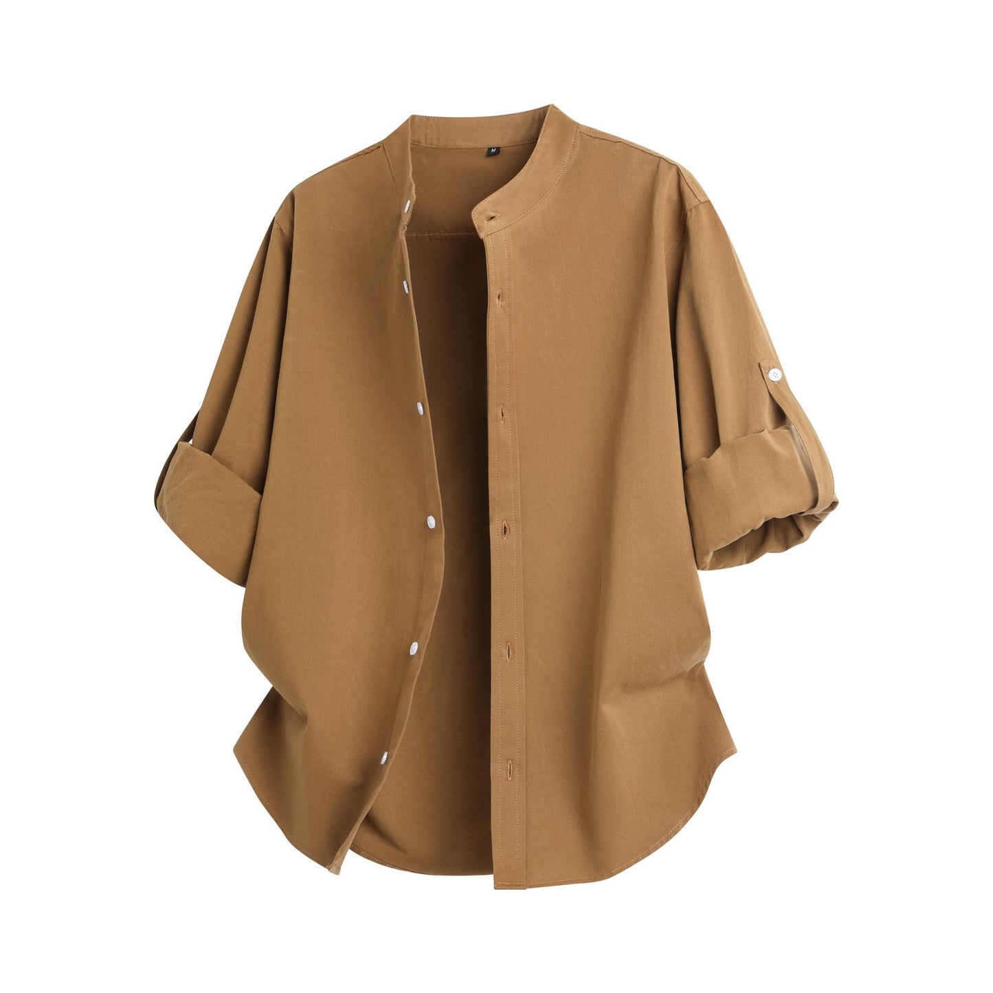 Cross-border 2026 spring and autumn stand collar long-sleeved shirt solid color commute fashion brand rolled sleeves shirt coat men's loose top