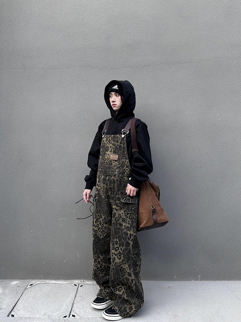American retro street style leopard print pocket suspender pants women's spring and autumn loose ins trendy all-matching wide leg casual pants