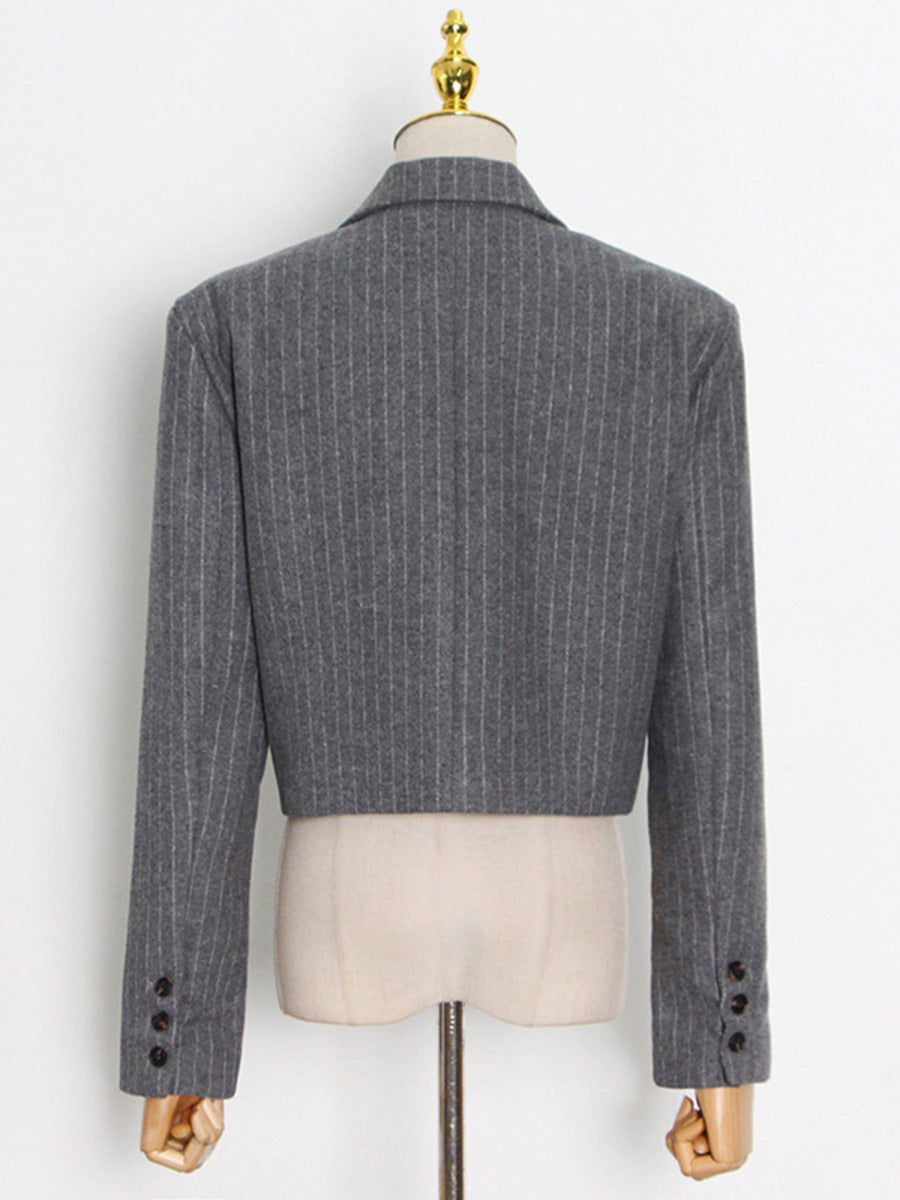 Foreign trade temperament commute style small suit 2026 spring new polo collar gray striped woolen simple easy matching coat