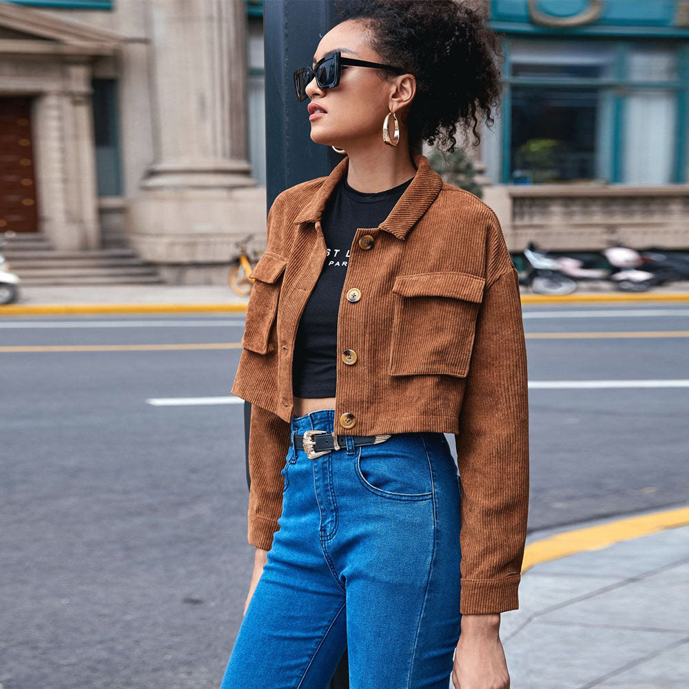2026 autumn and winter cross-border European and American women's clothing casual single-breasted bellows pocket lapel corduroy long-sleeved jacket jacket