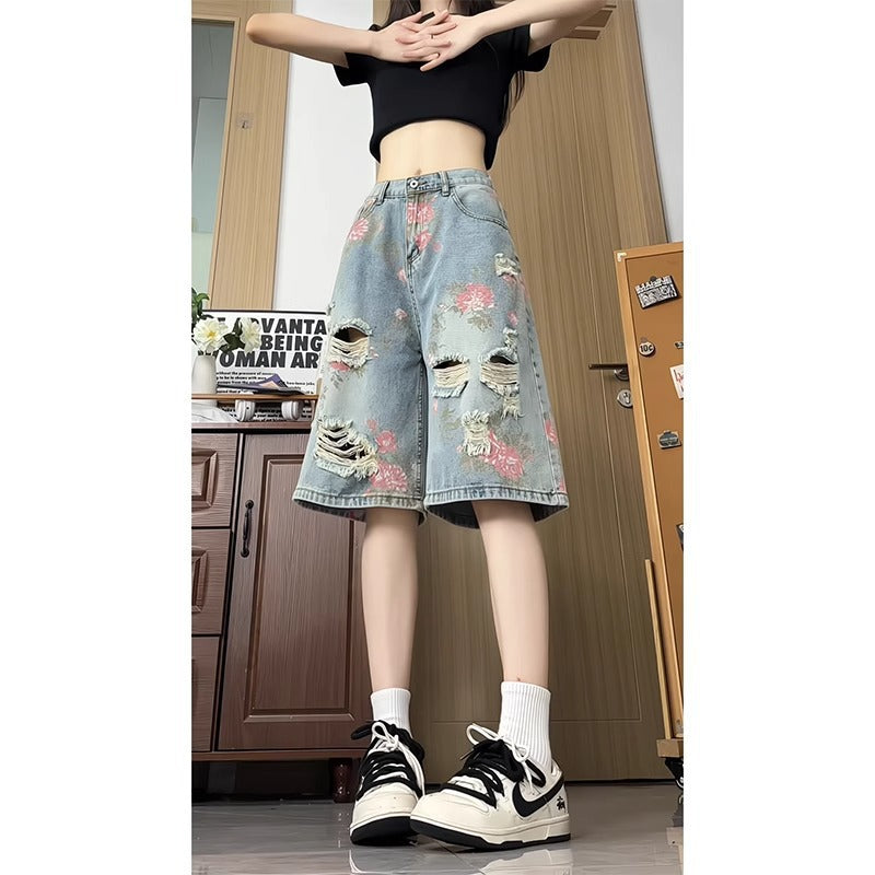 2025 new retro tattered jeans Denim shorts women's summer outdoor sports loose leisure all-matching five points short pants