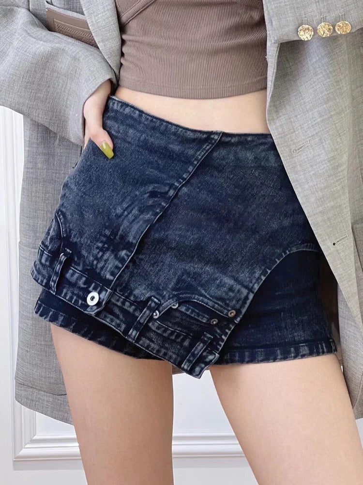 Fashion Street hot girl denim skirted leggings 2026 New irregular waist head reversal high waist wash fake two-piece shorts