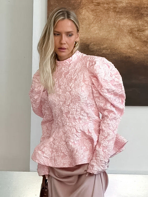 European and American autumn and winter French style vintage court style stand collar puff sleeve waist slimming convex Jacquard commuter's all-matching top for women