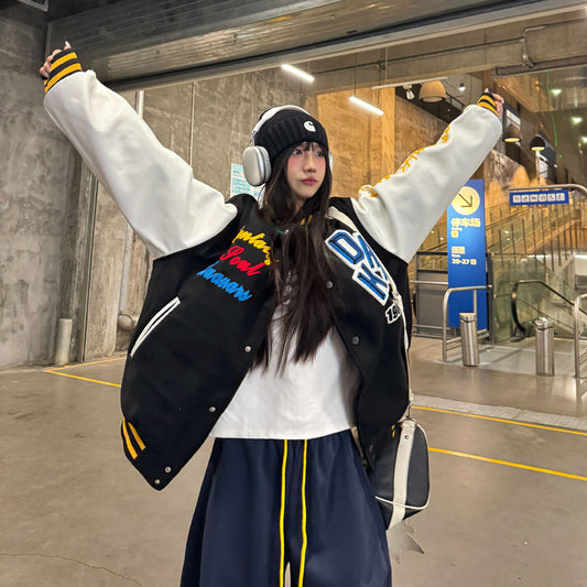 2025 spring new national fashion flocking embroidered letters baseball uniform jacket women's loose trendy design jacket