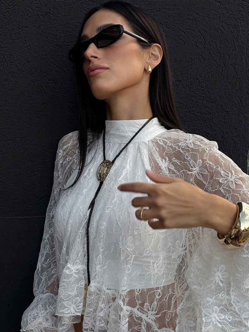 2026 spring Europe and America cross border new sheer cutout gentle bell sleeve white lace shirt women's high-grade