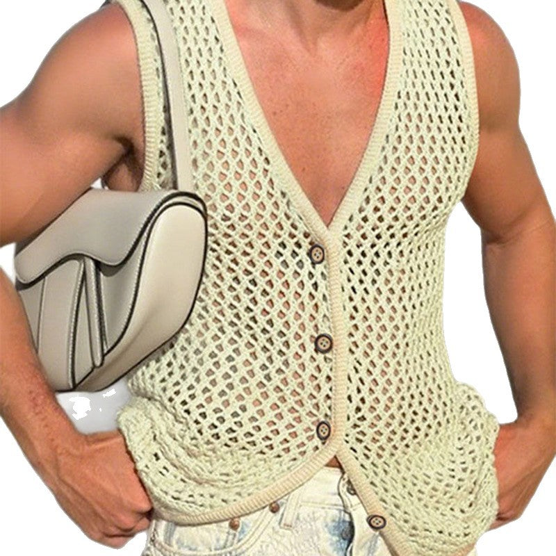 2026 spring/summer Europe and America cross border new men's knitted V-neck sleeveless hollow breathable woolen button vest top