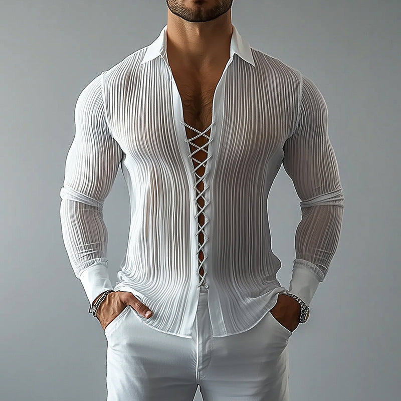 2026 autumn and winter New European and American men's lapel strap design shirt hollow out abstinence style texture men's shirt