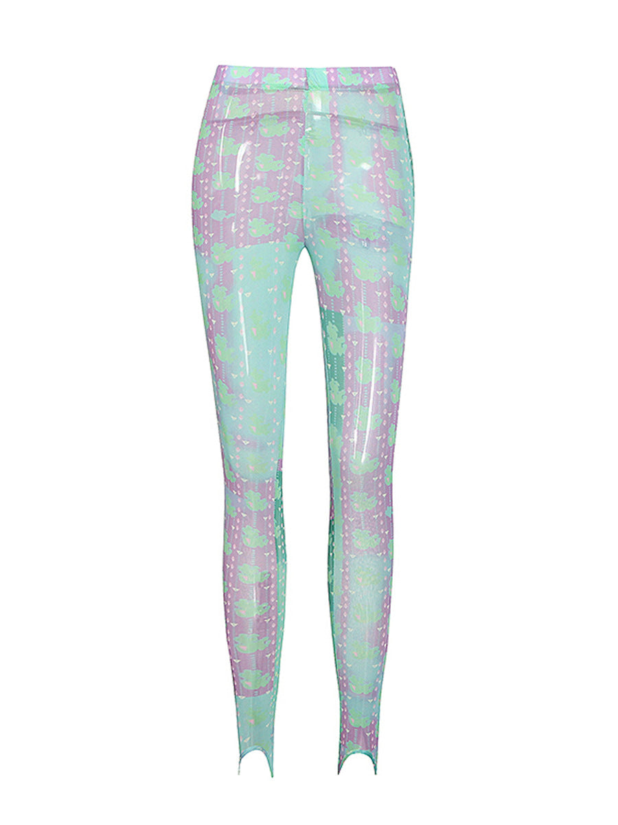 European and American personalized trendy tight pants 2026 spring new abstract pattern elastic mesh stirrup leggings women