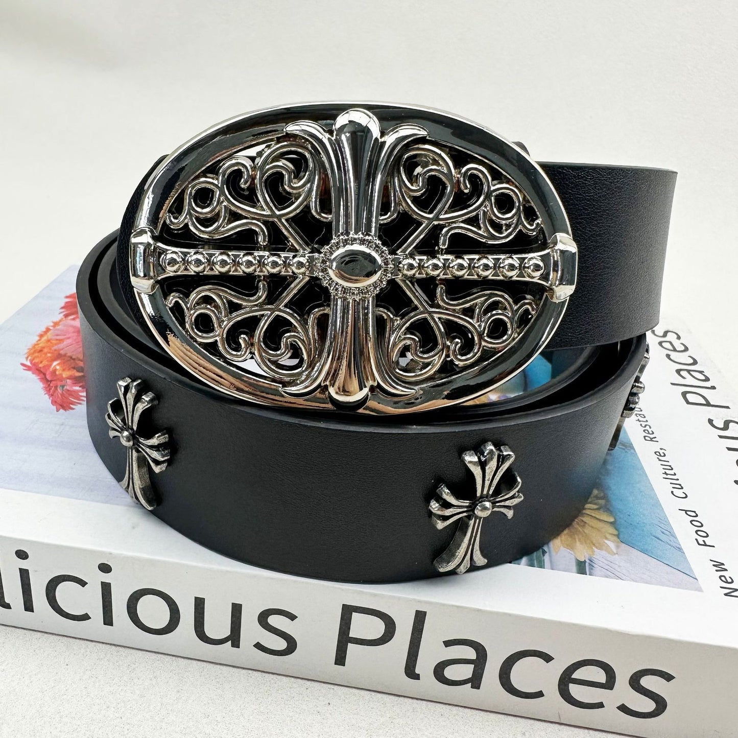 Sword cross belt croch classic Vine star style men's rivet embossed pant belt vintage belt women