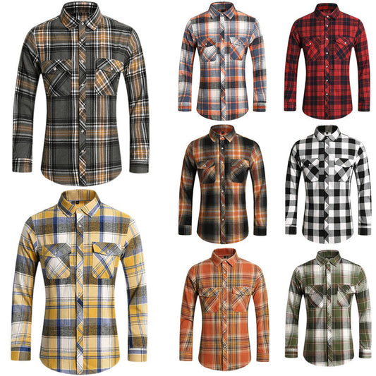 2026 cross-border new arrival men's plaid long-sleeved shirt fashion double pocket casual large size shirt men's coat top
