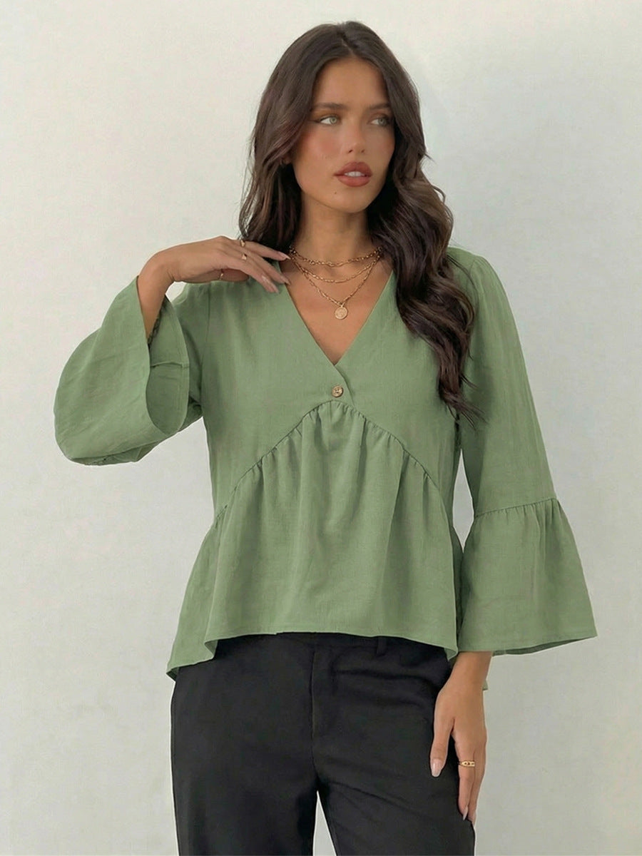 Cross-border European and American retro V-neck shirt 2026 New Amazon independent station Foreign Trade women's clothing shirt pullover top
