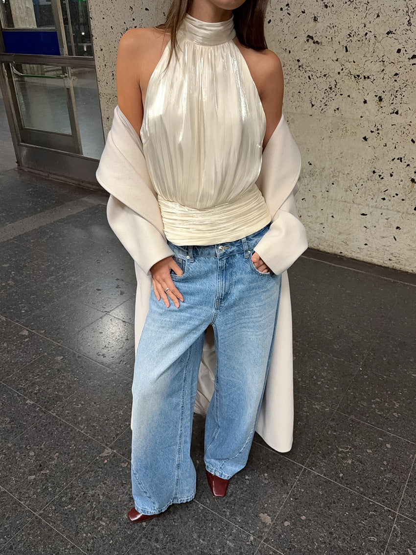 Spring 2026 cross-border new arrival gold and silver silk halter waist-tight vest women's sexy off-shoulder irregular temperament top
