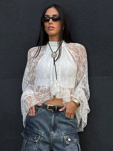 2026 spring Europe and America cross border new sheer cutout gentle bell sleeve white lace shirt women's high-grade