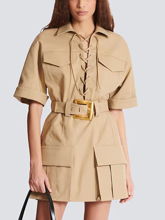 Leisure Cargo style shirt dress 2026 spring new chest strap matching metallic belt solid color short dress