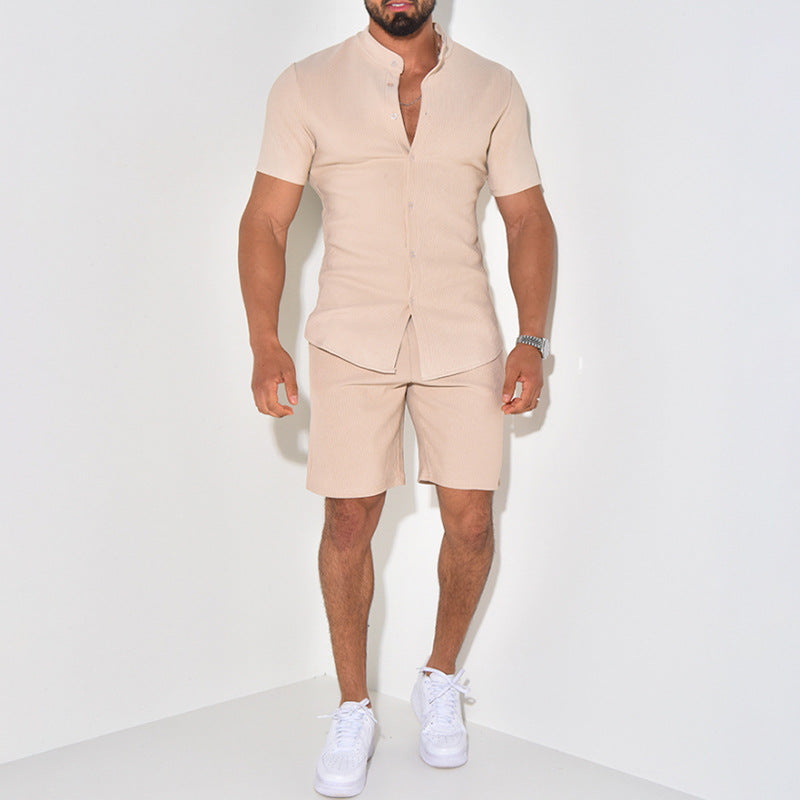 2026 Amazon new men's casual sports suit spring and summer stand collar button shirt shorts two-piece suit