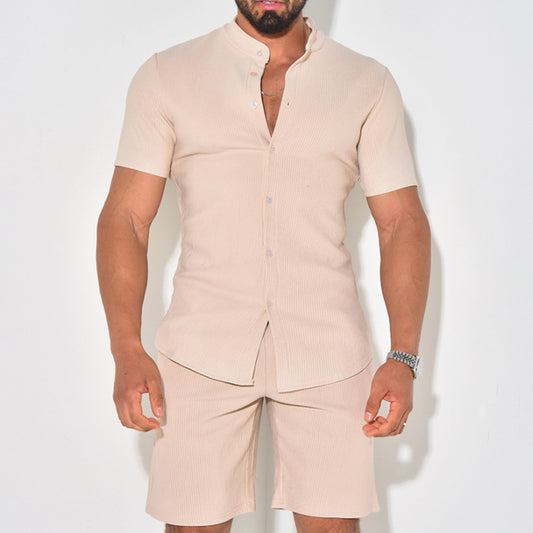 2026 Amazon new men's casual sports suit spring and summer stand collar button shirt shorts two-piece suit