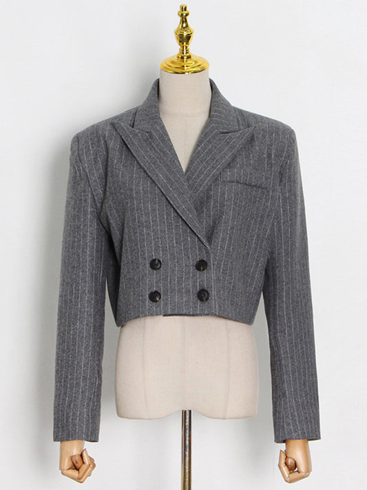 Foreign trade temperament commute style small suit 2026 spring new polo collar gray striped woolen simple easy matching coat
