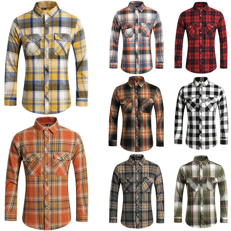 2026 cross-border new arrival men's plaid long-sleeved shirt fashion double pocket casual large size shirt men's coat top