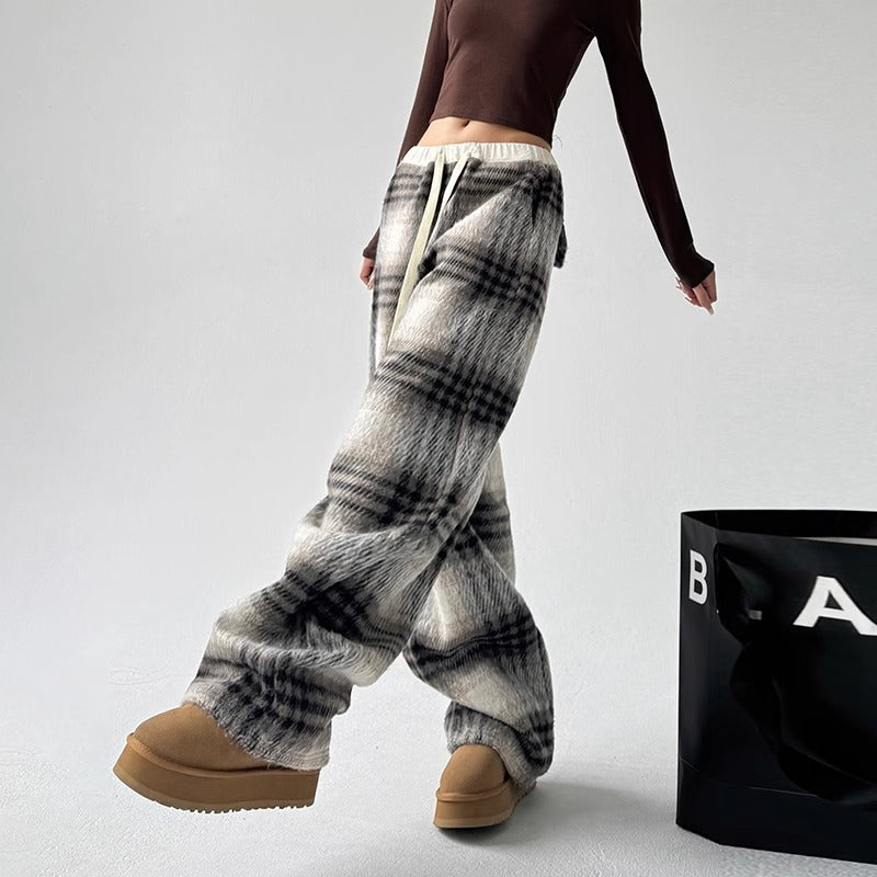 Fleece-lined thick wool plaid pants women's autumn and winter New straight casual high waist loose and idle mop pants