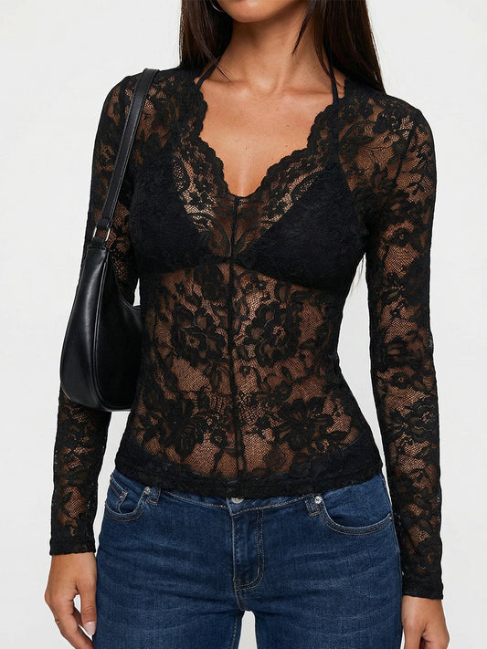 Europe and America cross border sexy lace shirt 2026 New Amazon foreign trade slim lace bottoming top women's clothing