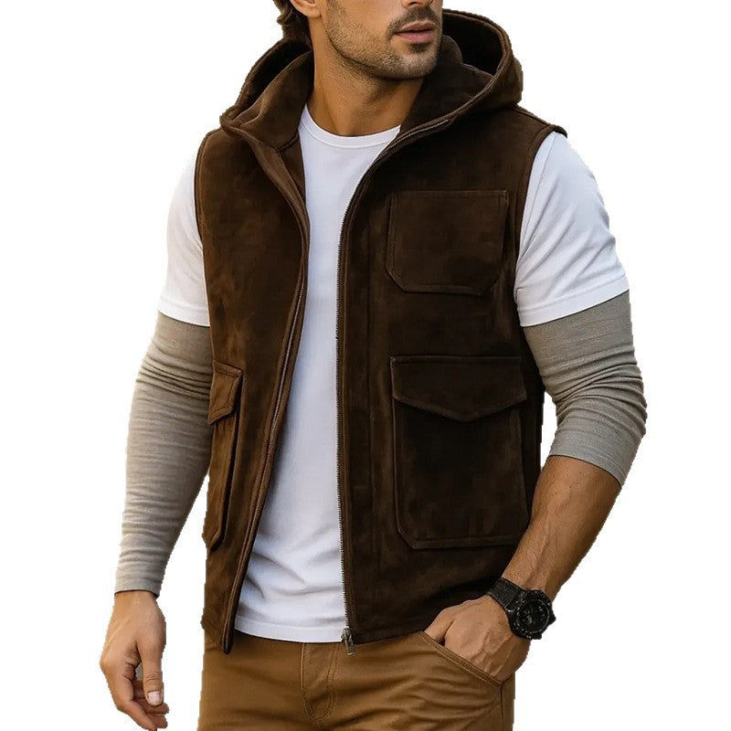 2026 autumn and winter Europe and America cross border new men's hooded suede casual vest solid color fashion zipper vest