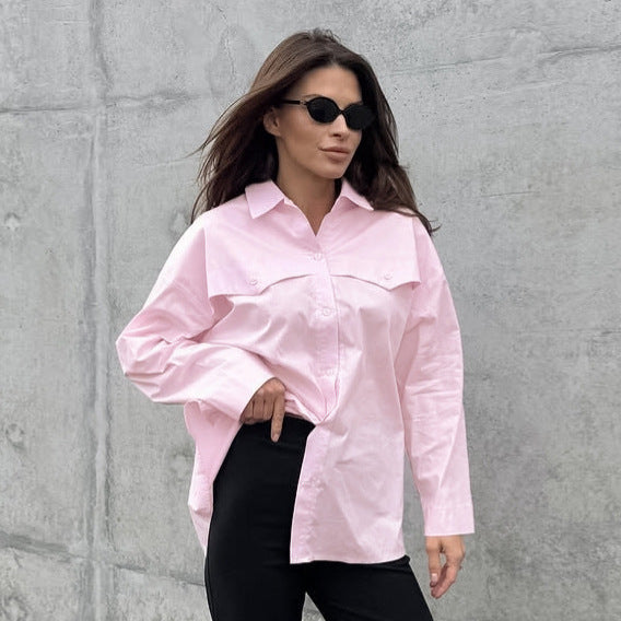 2026 European and American style cross-border new arrival cotton back slit long sleeve lapel shirt Women's temperament commute all-matching top
