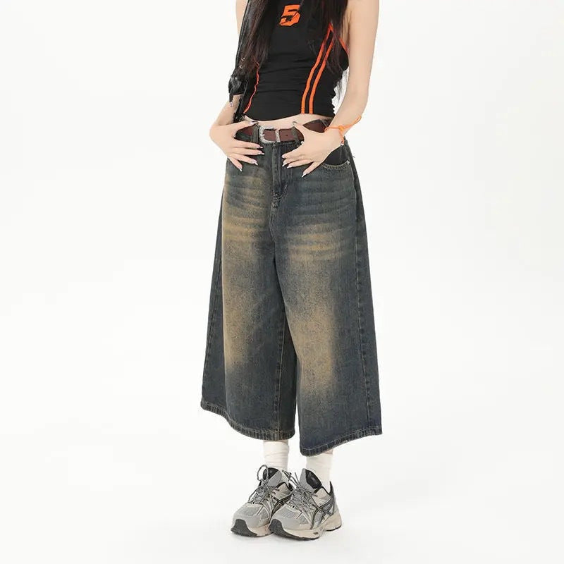 Women's wide-leg cropped jeans 2024 Summer new retro washed distressed straight-leg denim Denim middle pants American high street