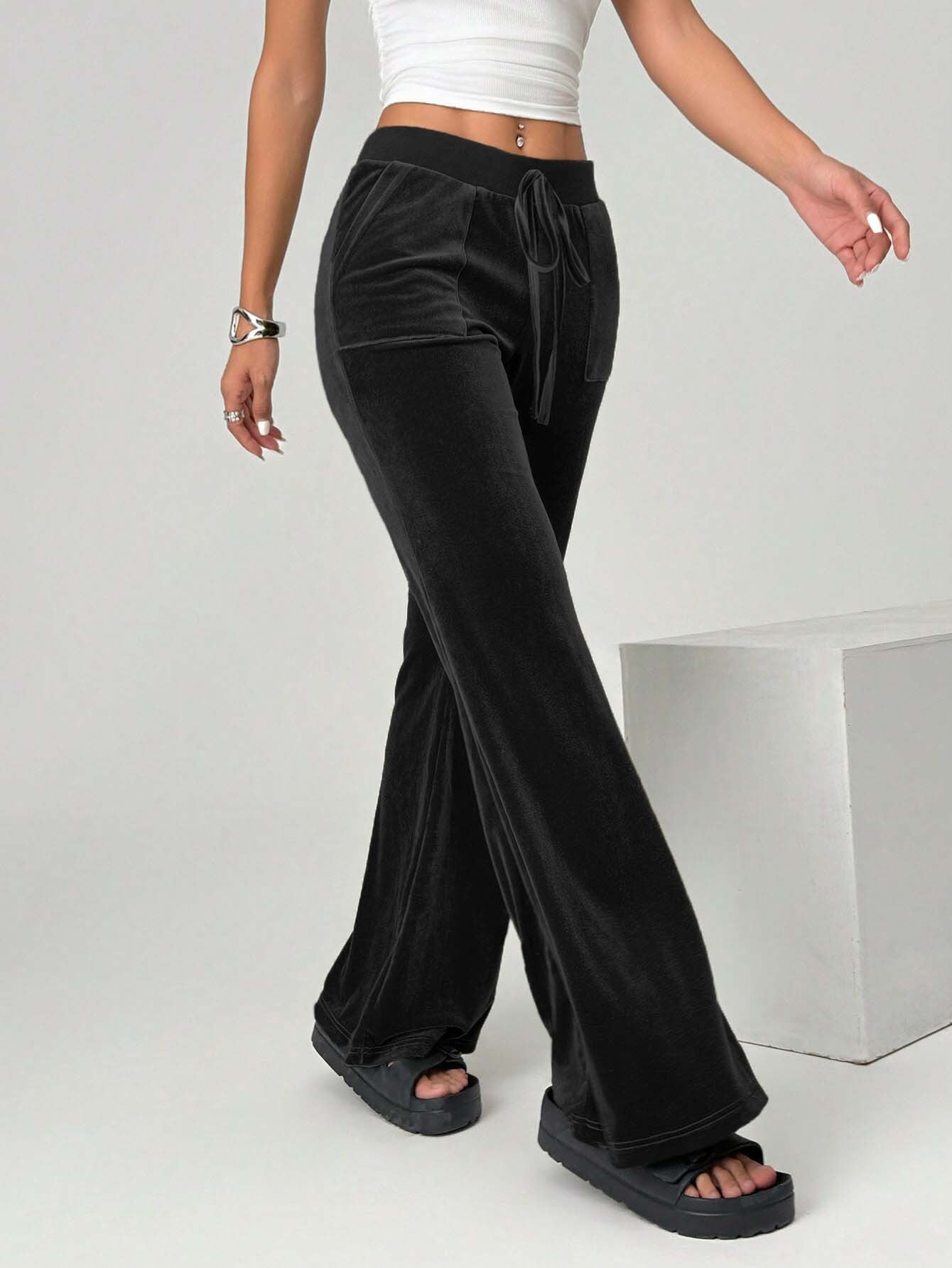 2026 cross-border independent station women's clothing simple temperament velvet casual pants autumn and winter drawstring leg slimming wide leg trousers